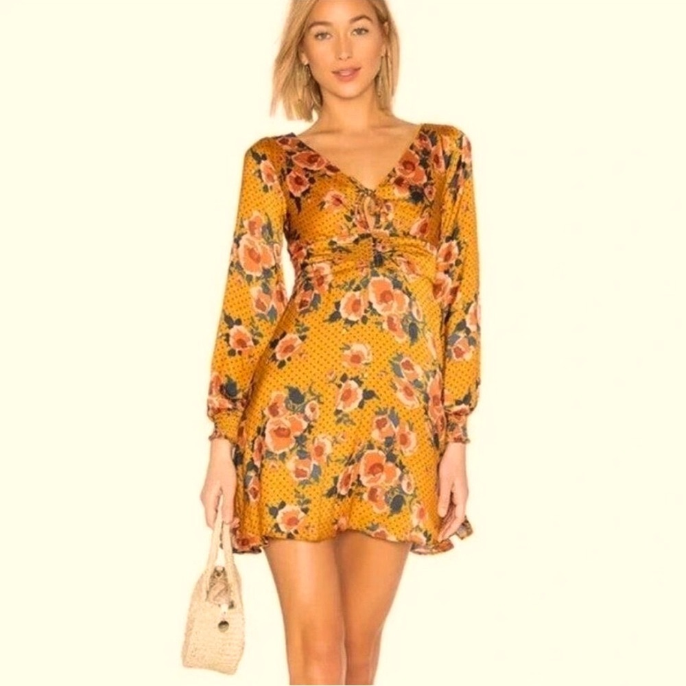 FREE PEOPLE 🌞’Morning Light’🌞 Marigold Floral Cut-Out Long-Sleeve Mini Dress Sz0